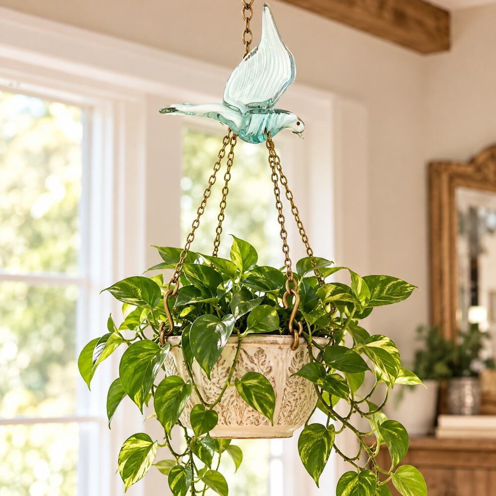 Vintage Art Glass Bird Hanging Plant Hanger Planter Brass Chain Aqua White MCM